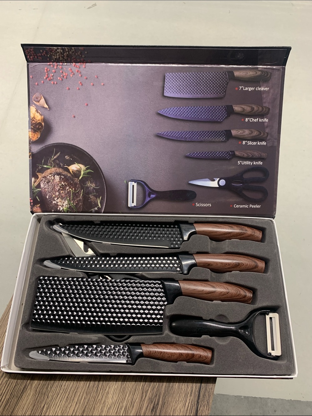 6-Piece Nonstick Knife Set with Wood-Grain Handles - Black & Brown
